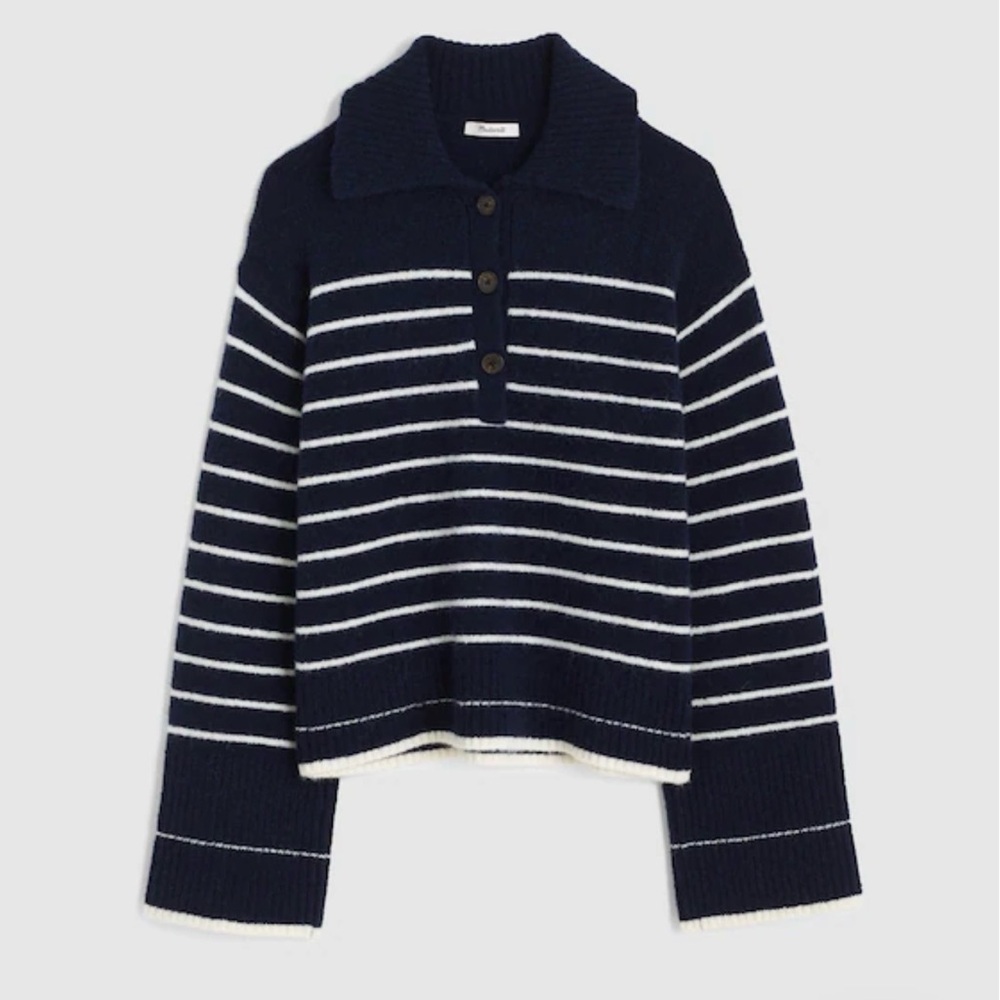 Madewell Navy and White Striped Collared Pullover Sweater